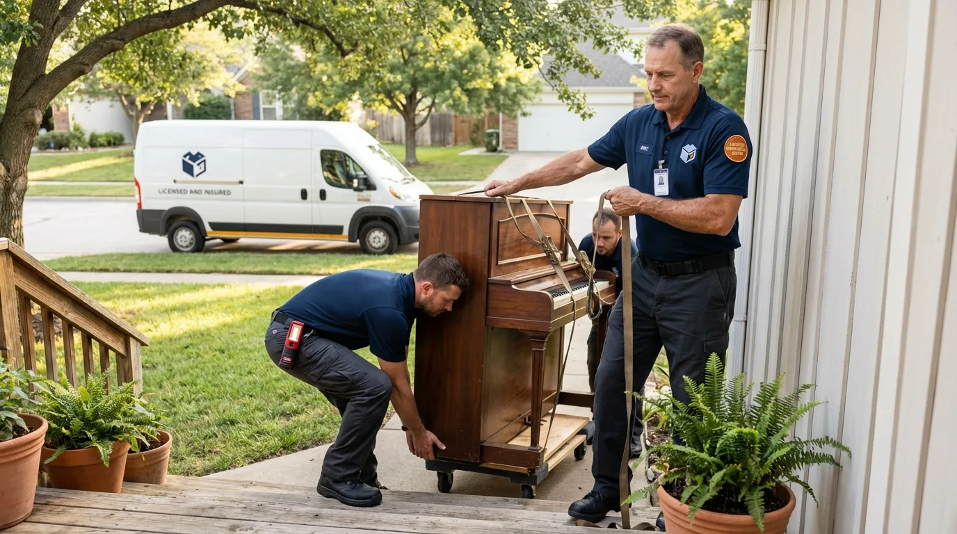 Licensed piano movers securing grand piano in Napanoch, NY