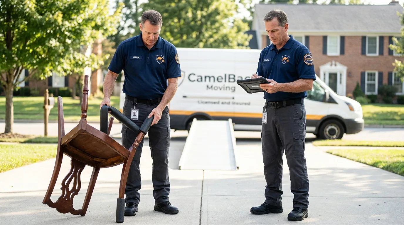 Movers inspecting furniture for damage prevention before loading in Napanoch, NY