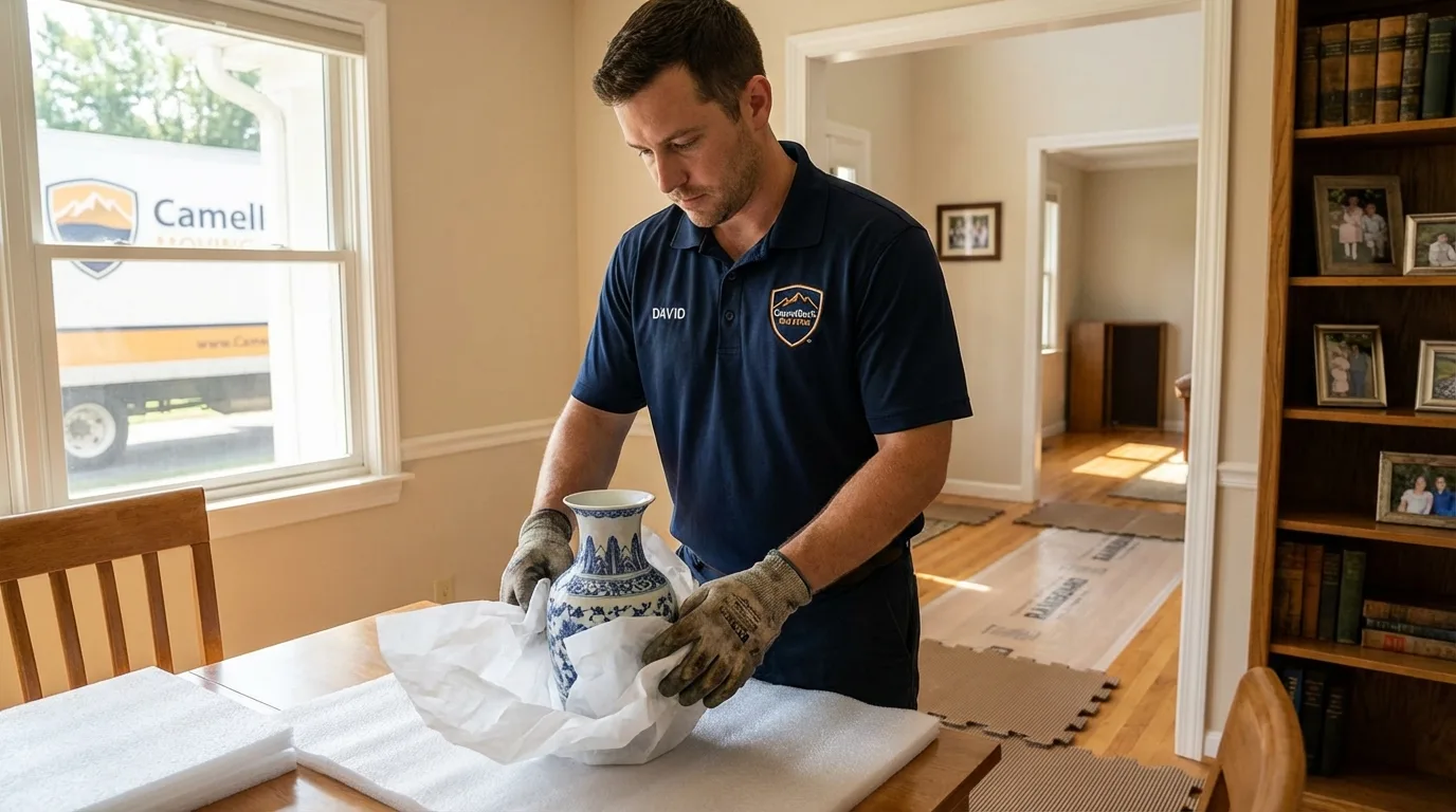 Professional crew carefully wrapping antique vase for senior downsizing move in Napanoch, NY